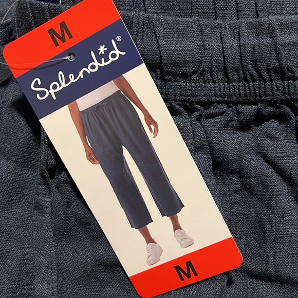 NWT Splendid Women's Navy Wide Leg Crop linen Pants Drawstring Elastic-waist - Picture 4 of 4